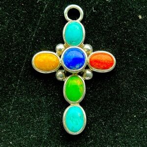 Very rare, Barse six cabochon genuine stone sterling cross pendant.